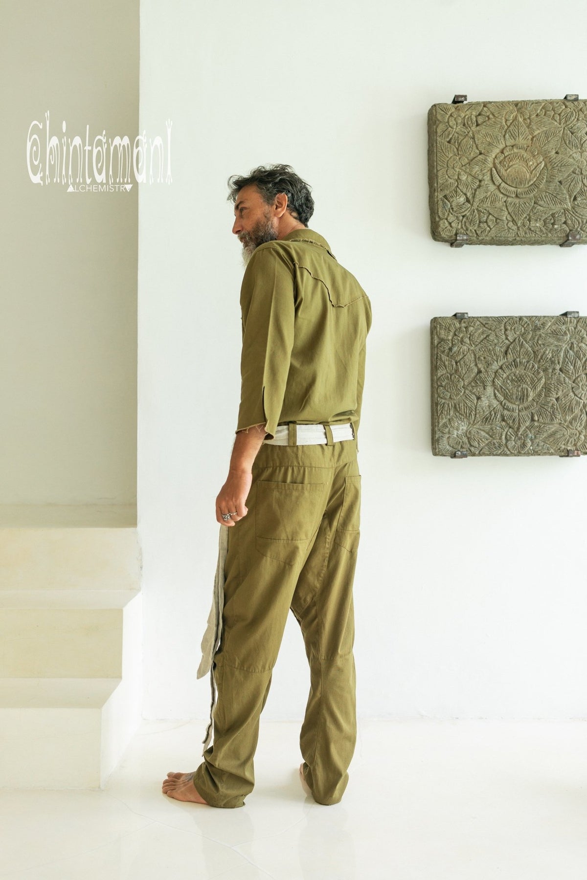 Long Overalls for Men / Coverall Jumpsuit with Belt / Dark Green - ChintamaniAlchemi