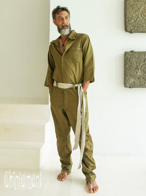 Long Overalls for Men / Coverall Jumpsuit with Belt / Dark Green - ChintamaniAlchemi