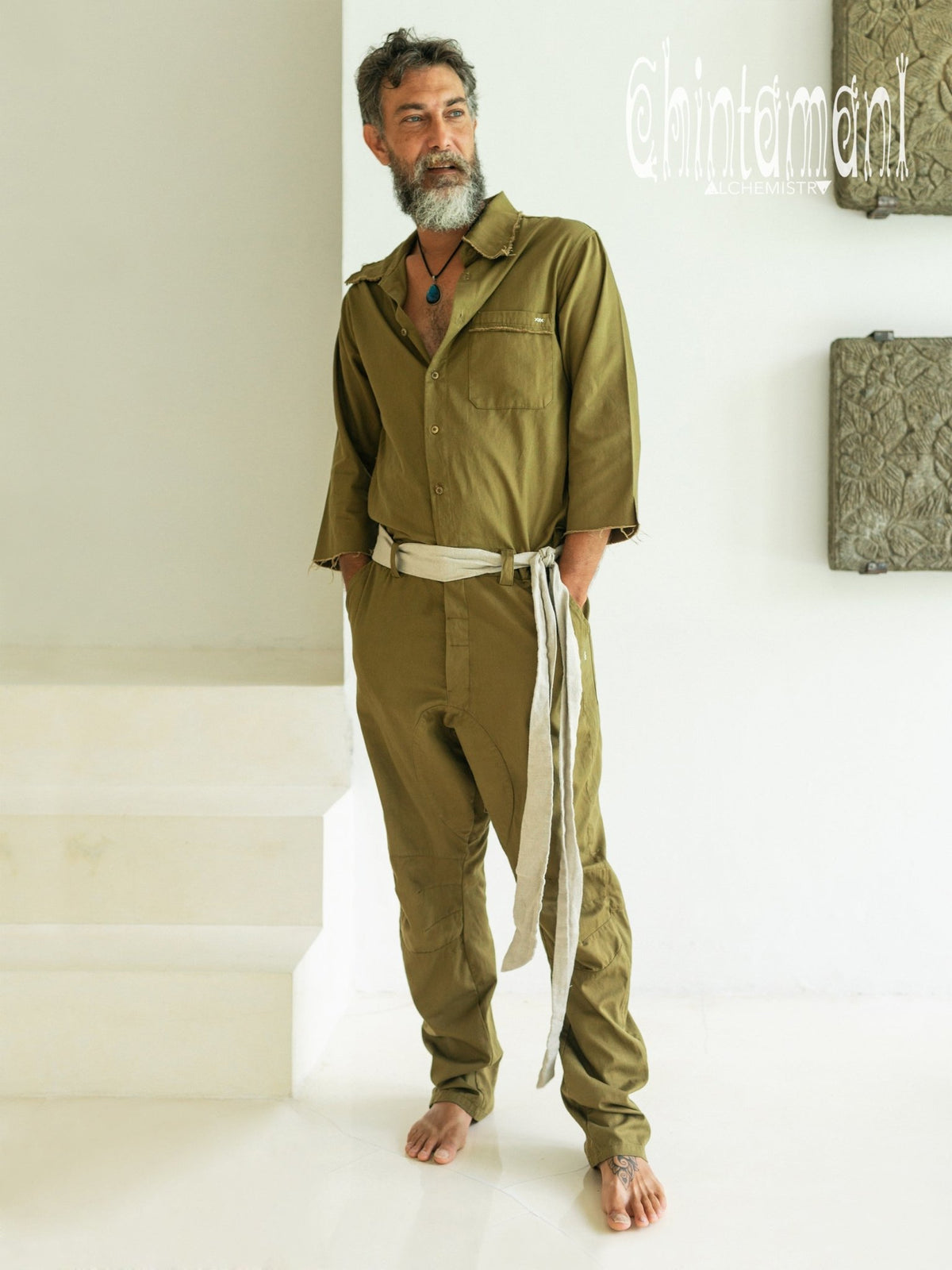 Long Overalls for Men / Coverall Jumpsuit with Belt / Dark Green - ChintamaniAlchemi