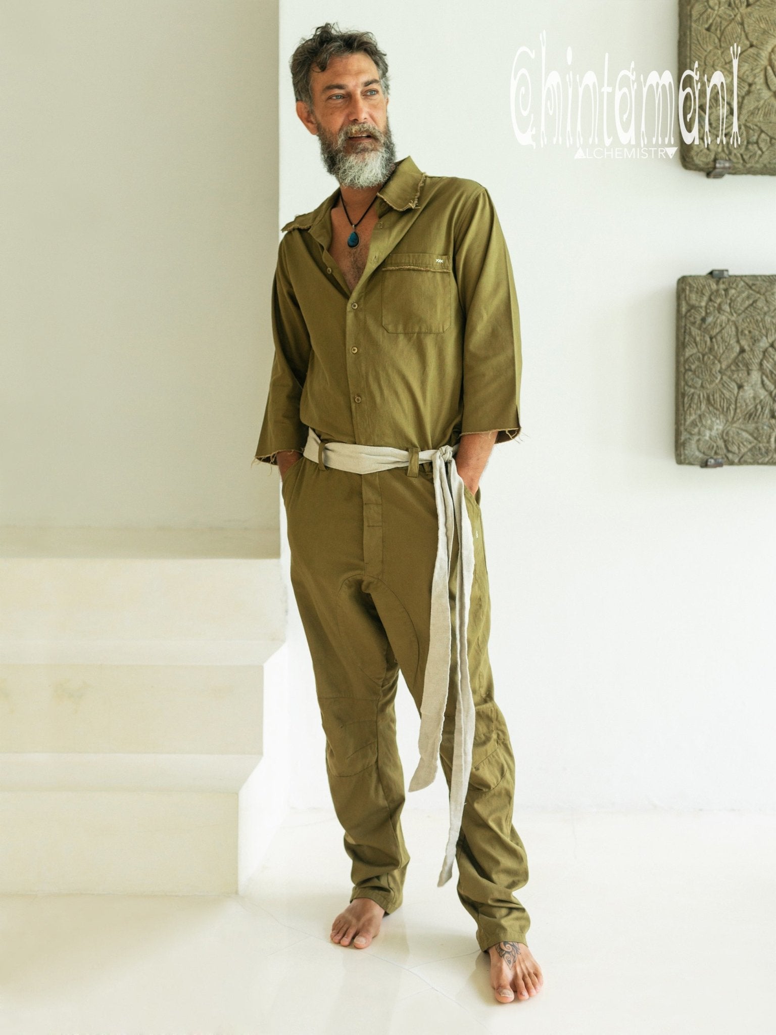 Long Overalls for Men / Coverall Jumpsuit with Belt / Dark Green