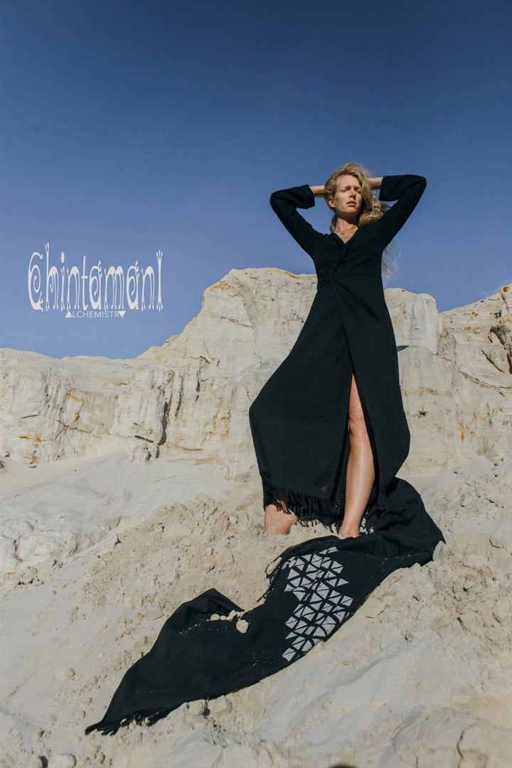 Maxi Kimono Wrap Dress with Fringes & Long Sleeves / Atua Tino / Black - ChintamaniAlchemi