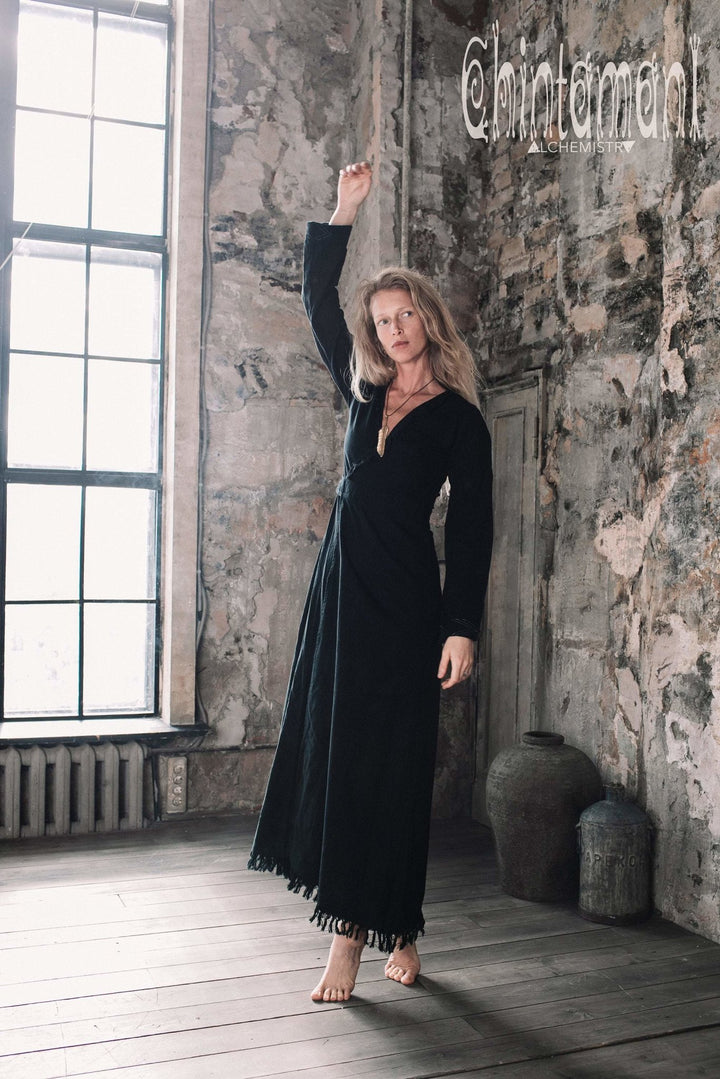 Maxi Kimono Wrap Dress with Fringes & Long Sleeves / Atua Tino / Black - ChintamaniAlchemi