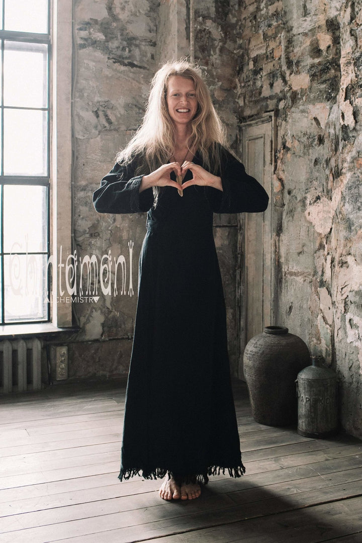 Maxi Kimono Wrap Dress with Fringes & Long Sleeves / Atua Tino / Black - ChintamaniAlchemi