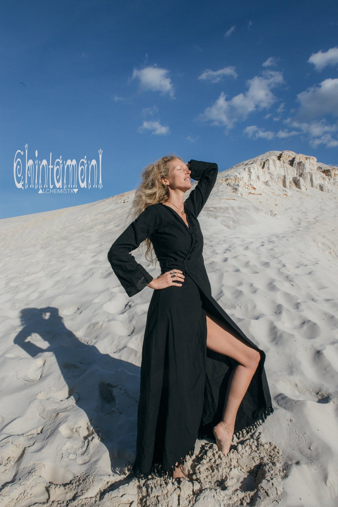 Maxi Kimono Wrap Dress with Fringes & Long Sleeves / Atua Tino / Black - ChintamaniAlchemi