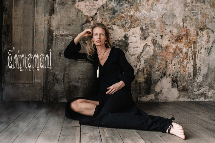 Maxi Kimono Wrap Dress with Fringes & Long Sleeves / Atua Tino / Black - ChintamaniAlchemi