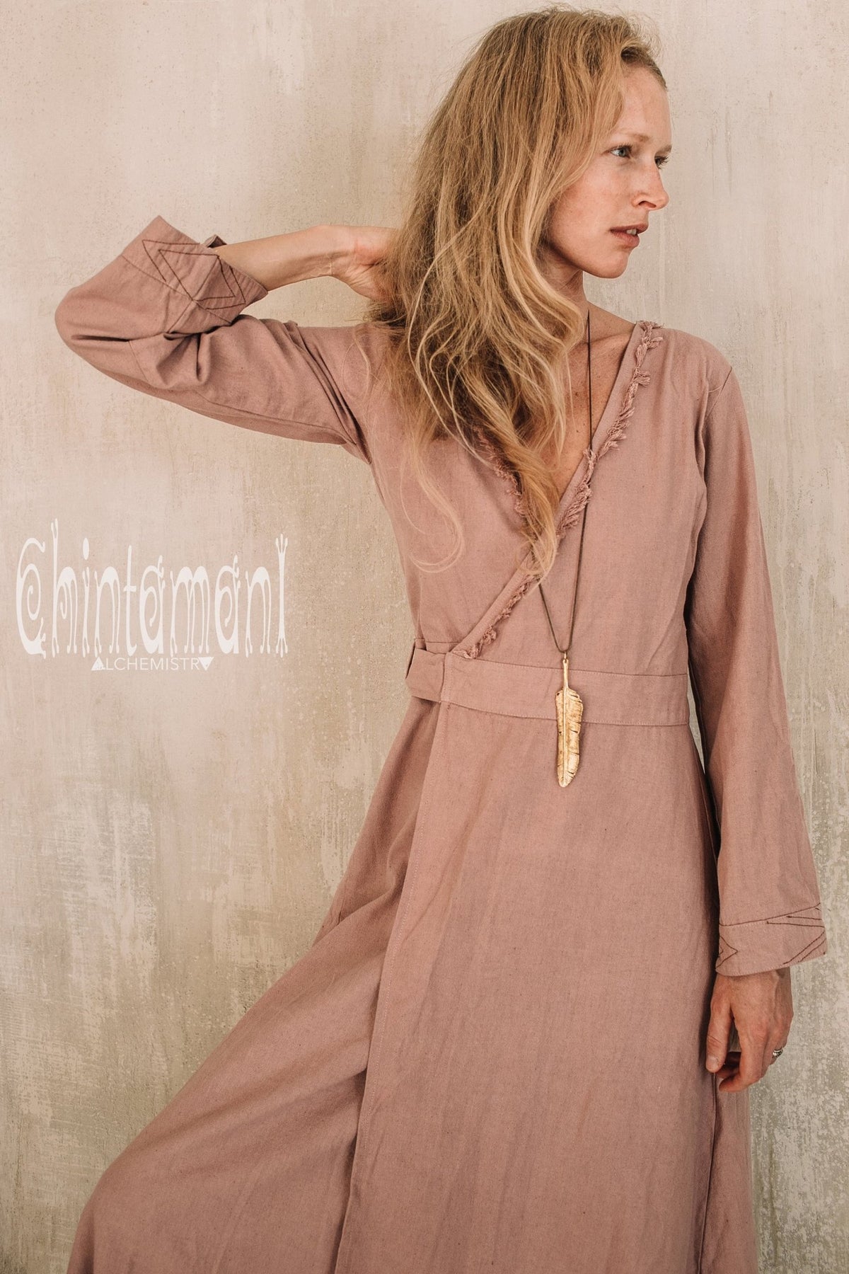 Maxi Kimono Wrap Dress with Fringes &amp; Long Sleeves / Atua Tino / Dusty Rose - ChintamaniAlchemi