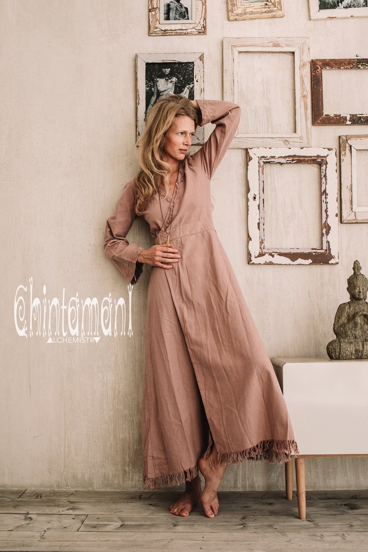 Maxi Kimono Wrap Dress with Fringes &amp; Long Sleeves / Atua Tino / Dusty Rose - ChintamaniAlchemi