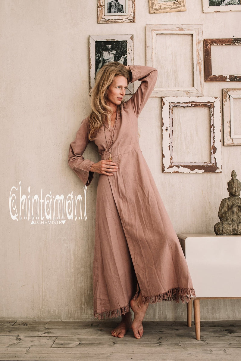 Maxi Kimono Wrap Dress with Fringes & Long Sleeves / Atua Tino / Dusty Rose - ChintamaniAlchemi