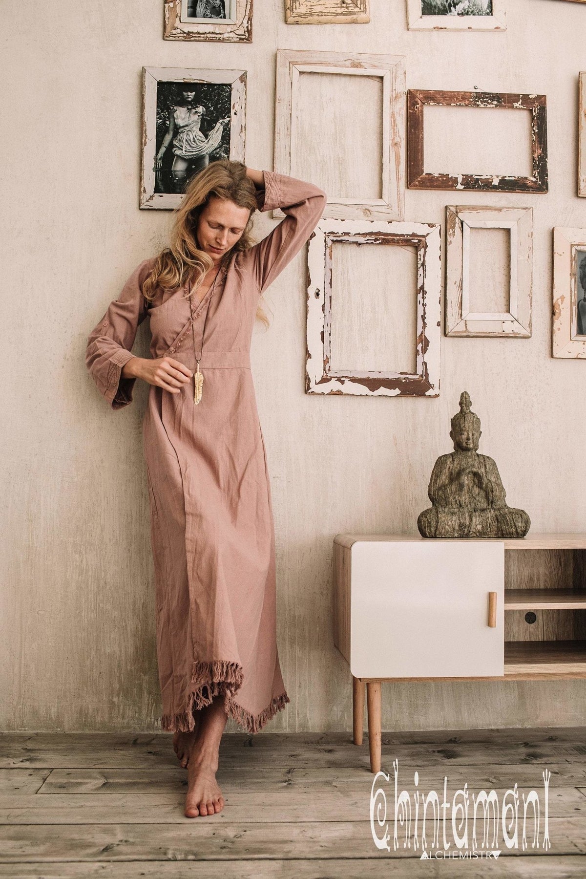 Maxi Kimono Wrap Dress with Fringes &amp; Long Sleeves / Atua Tino / Dusty Rose - ChintamaniAlchemi