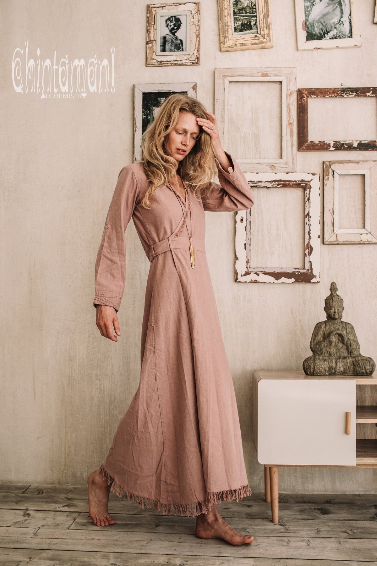 Maxi Kimono Wrap Dress with Fringes &amp; Long Sleeves / Atua Tino / Dusty Rose - ChintamaniAlchemi