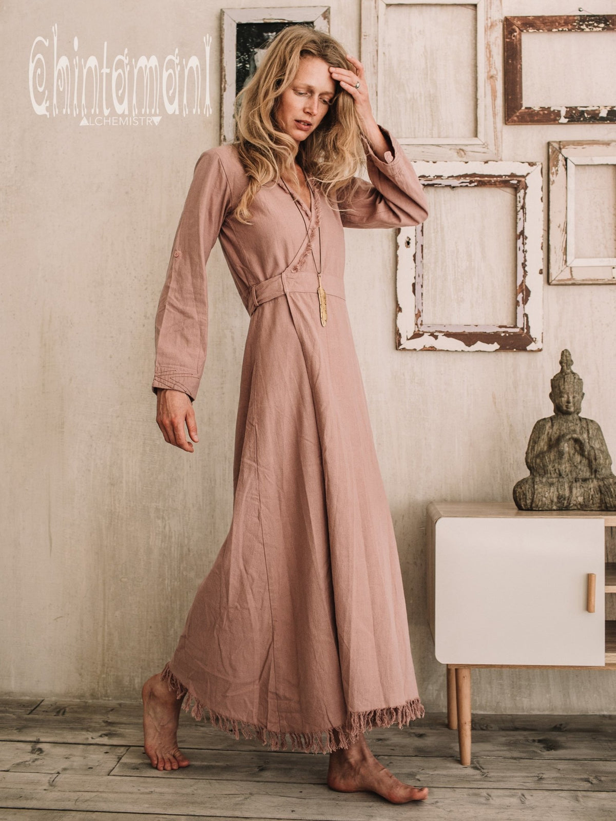 Maxi Kimono Wrap Dress with Fringes &amp; Long Sleeves / Atua Tino / Dusty Rose - ChintamaniAlchemi