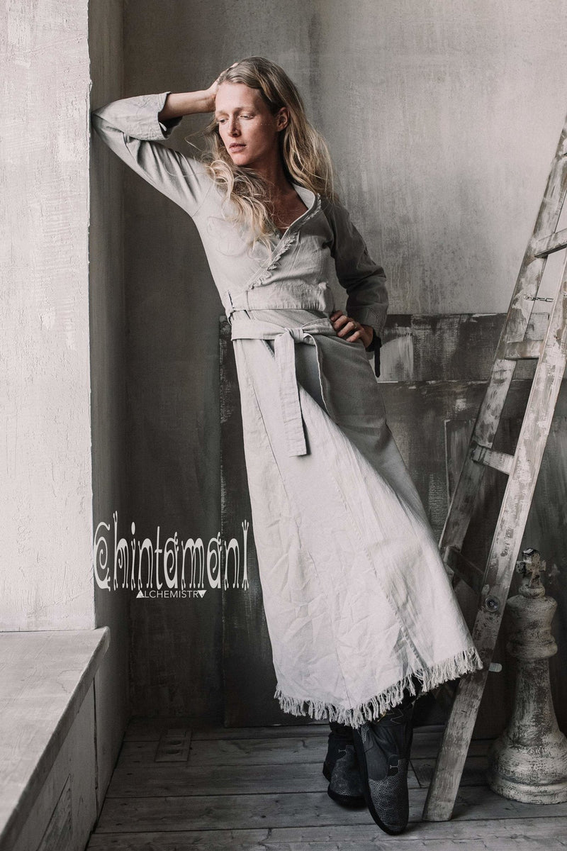 Maxi Kimono Wrap Dress with Fringes & Long Sleeves / Atua Tino / Grey - ChintamaniAlchemi