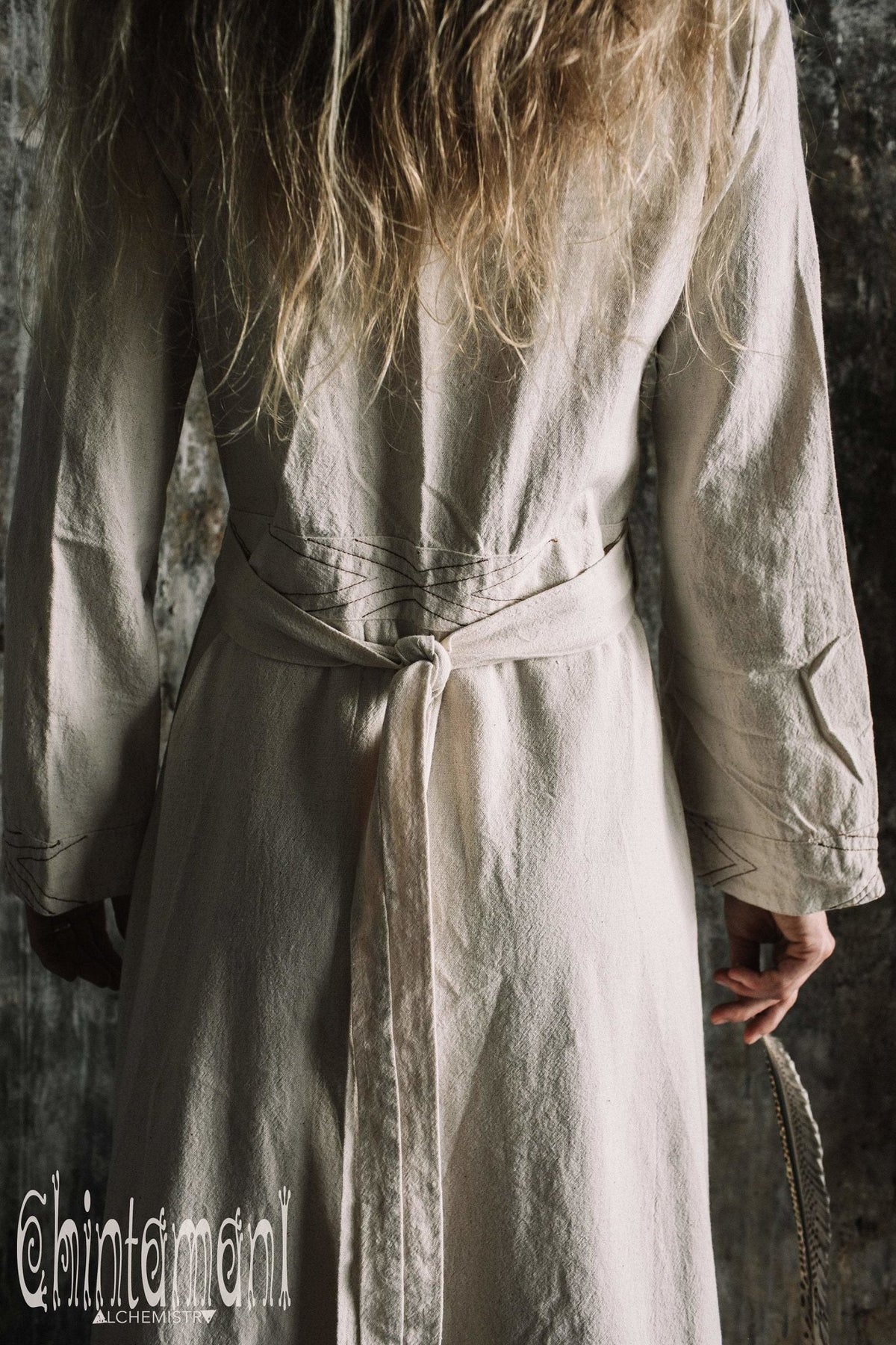 Maxi Kimono Wrap Dress with Fringes &amp; Long Sleeves / Atua Tino / Off White - ChintamaniAlchemi