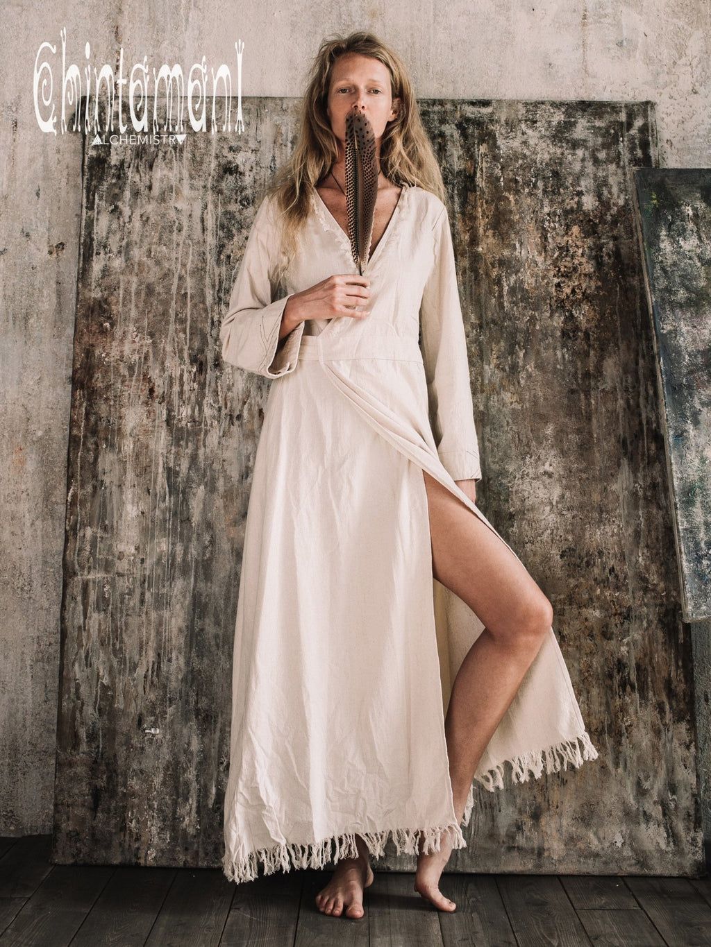 Maxi Kimono Wrap Dress with Fringes & Long Sleeves / Atua Tino / Off White - ChintamaniAlchemi