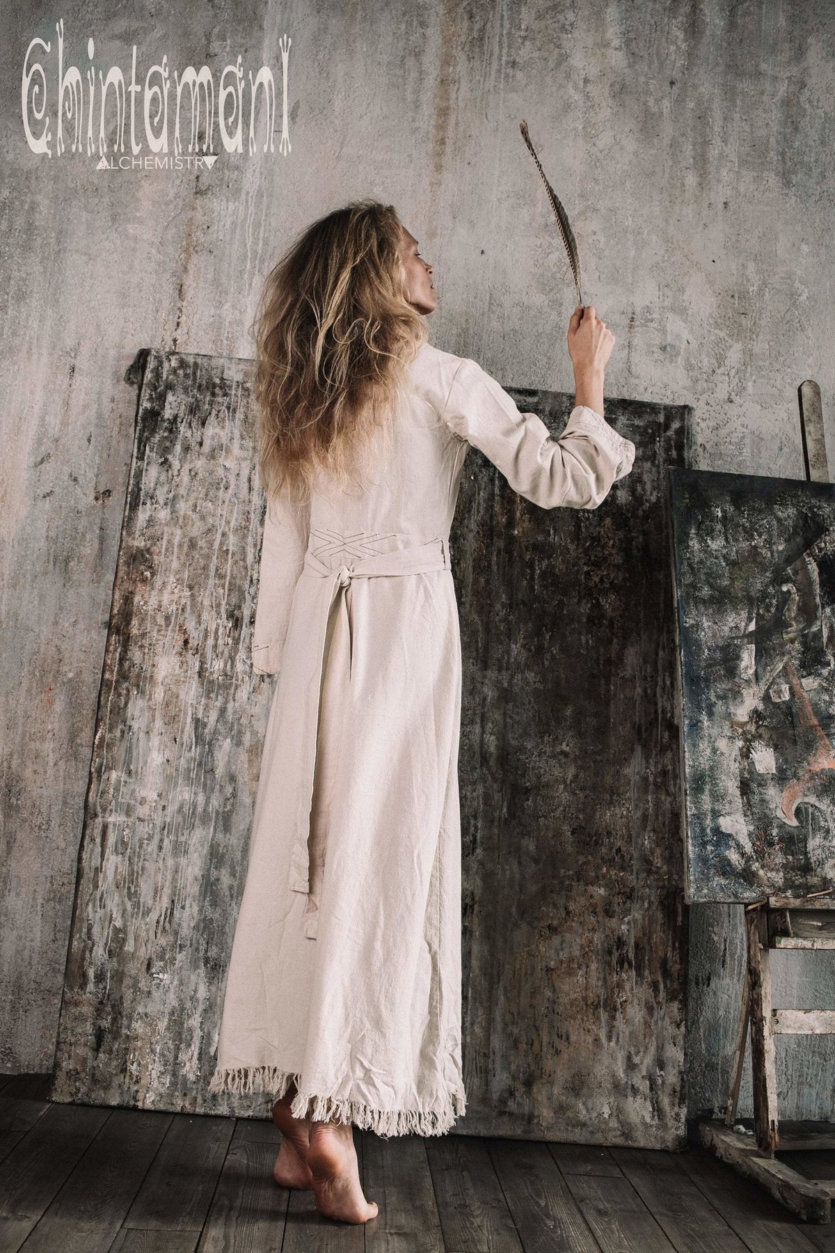 Maxi Kimono Wrap Dress with Fringes &amp; Long Sleeves / Atua Tino / Off White - ChintamaniAlchemi