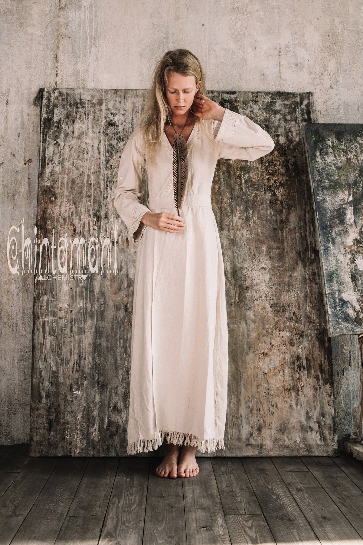 Maxi Kimono Wrap Dress with Fringes &amp; Long Sleeves / Atua Tino / Off White - ChintamaniAlchemi