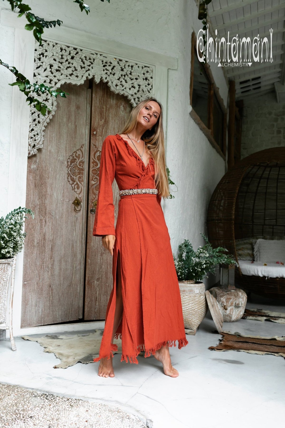 Maxi Kimono Wrap Dress with Fringes &amp; Long Sleeves / Atua Tino / Red Ochre - ChintamaniAlchemi