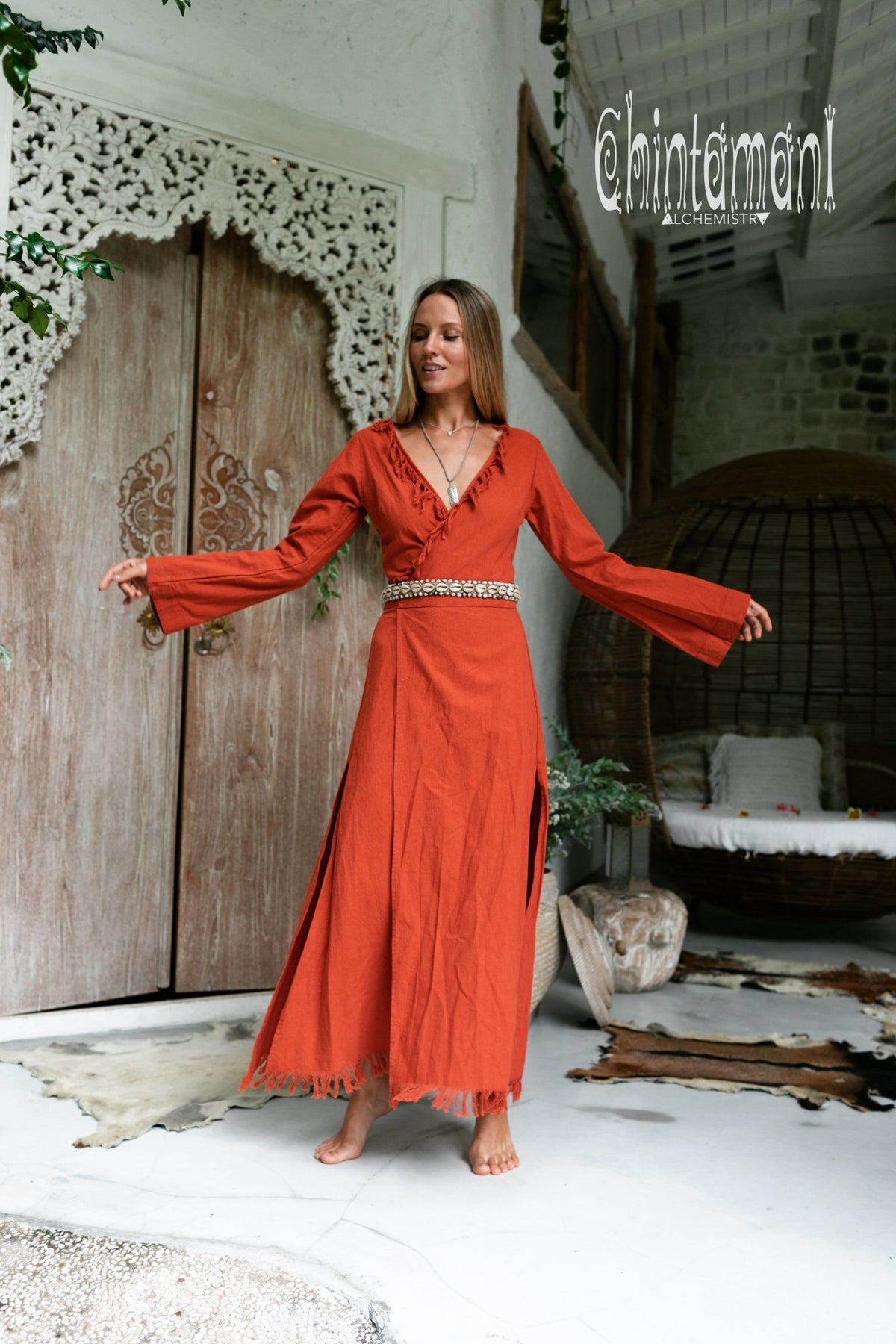 Maxi Kimono Wrap Dress with Fringes &amp; Long Sleeves / Atua Tino / Red Ochre - ChintamaniAlchemi