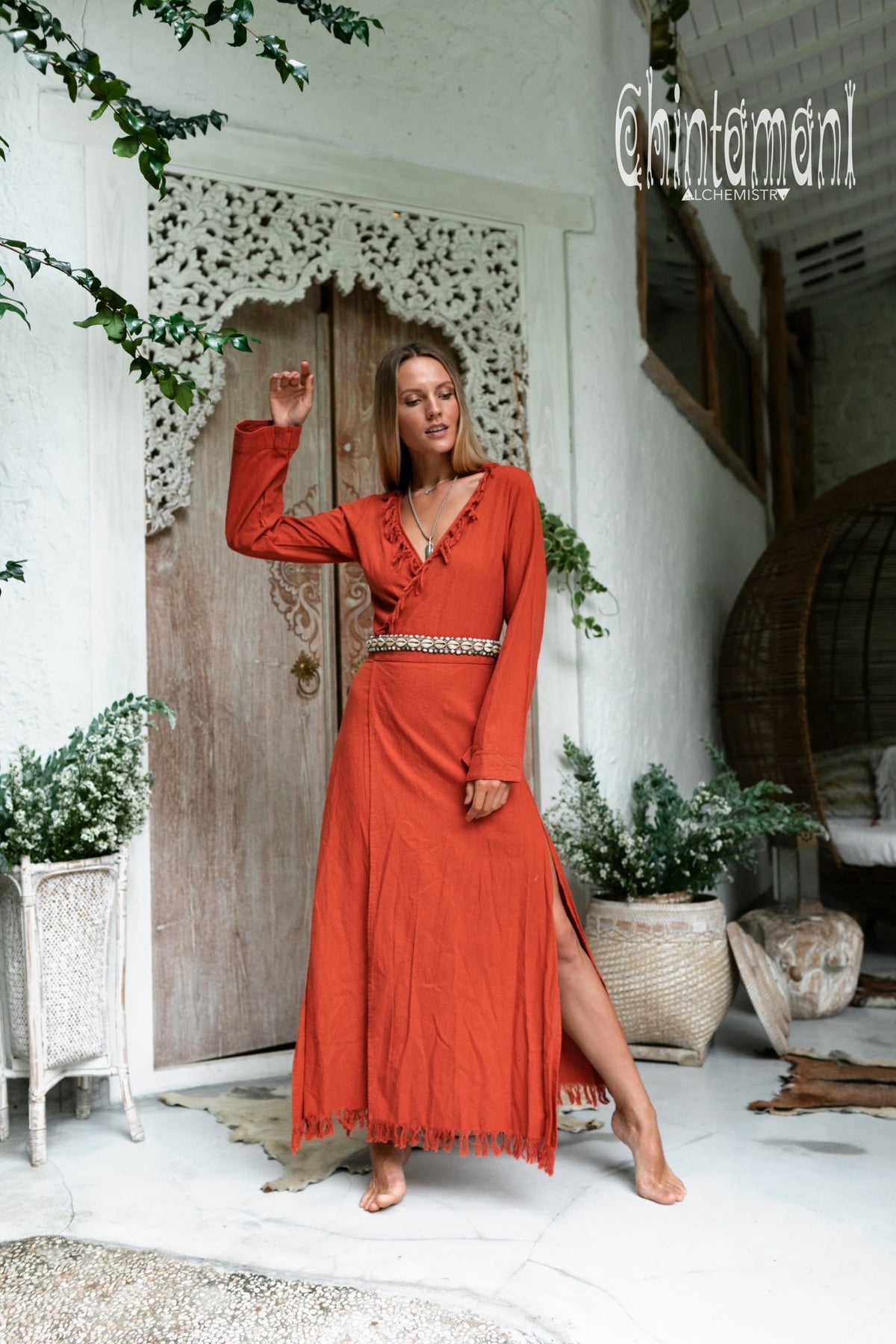 Maxi Kimono Wrap Dress with Fringes &amp; Long Sleeves / Atua Tino / Red Ochre - ChintamaniAlchemi