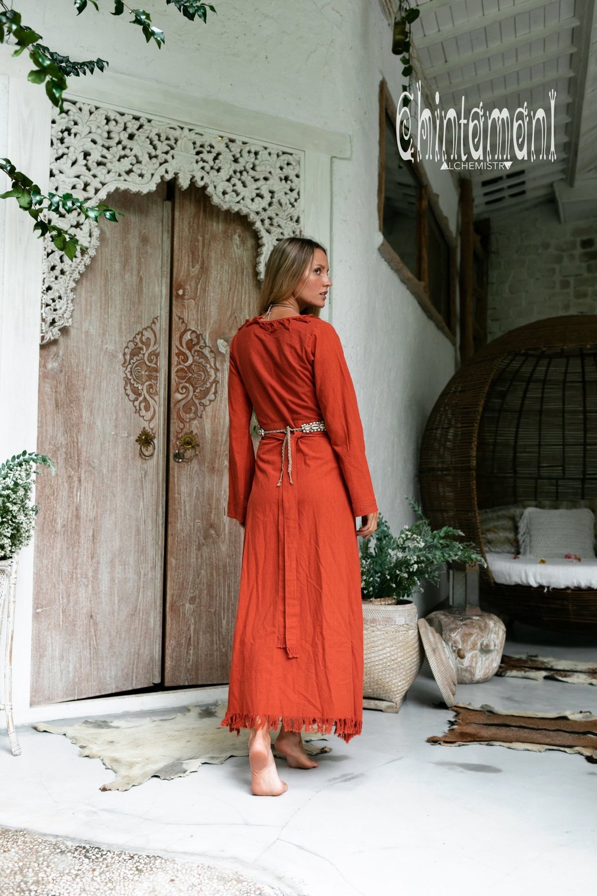 Maxi Kimono Wrap Dress with Fringes &amp; Long Sleeves / Atua Tino / Red Ochre - ChintamaniAlchemi