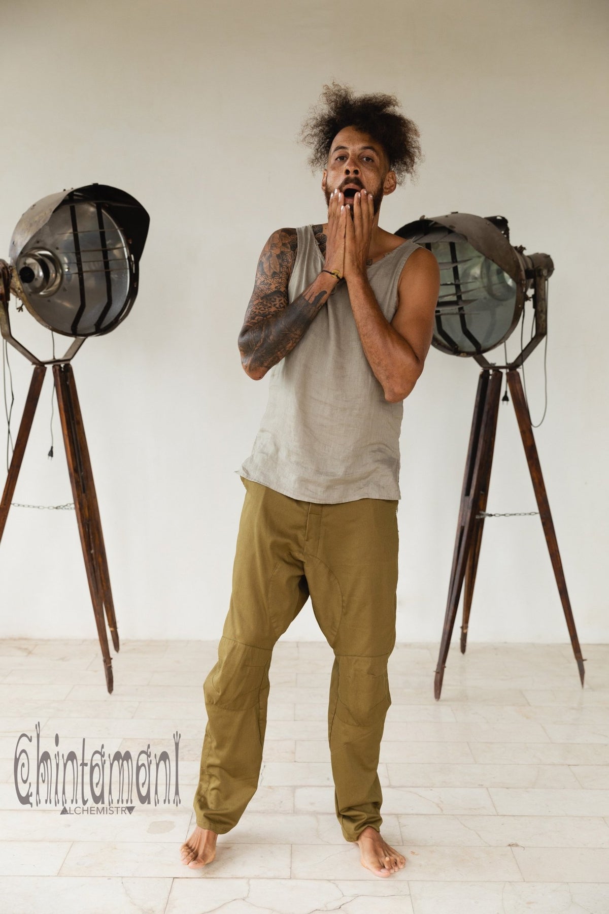 Mens Cotton Twill Long Pants / Army Green - ChintamaniAlchemi