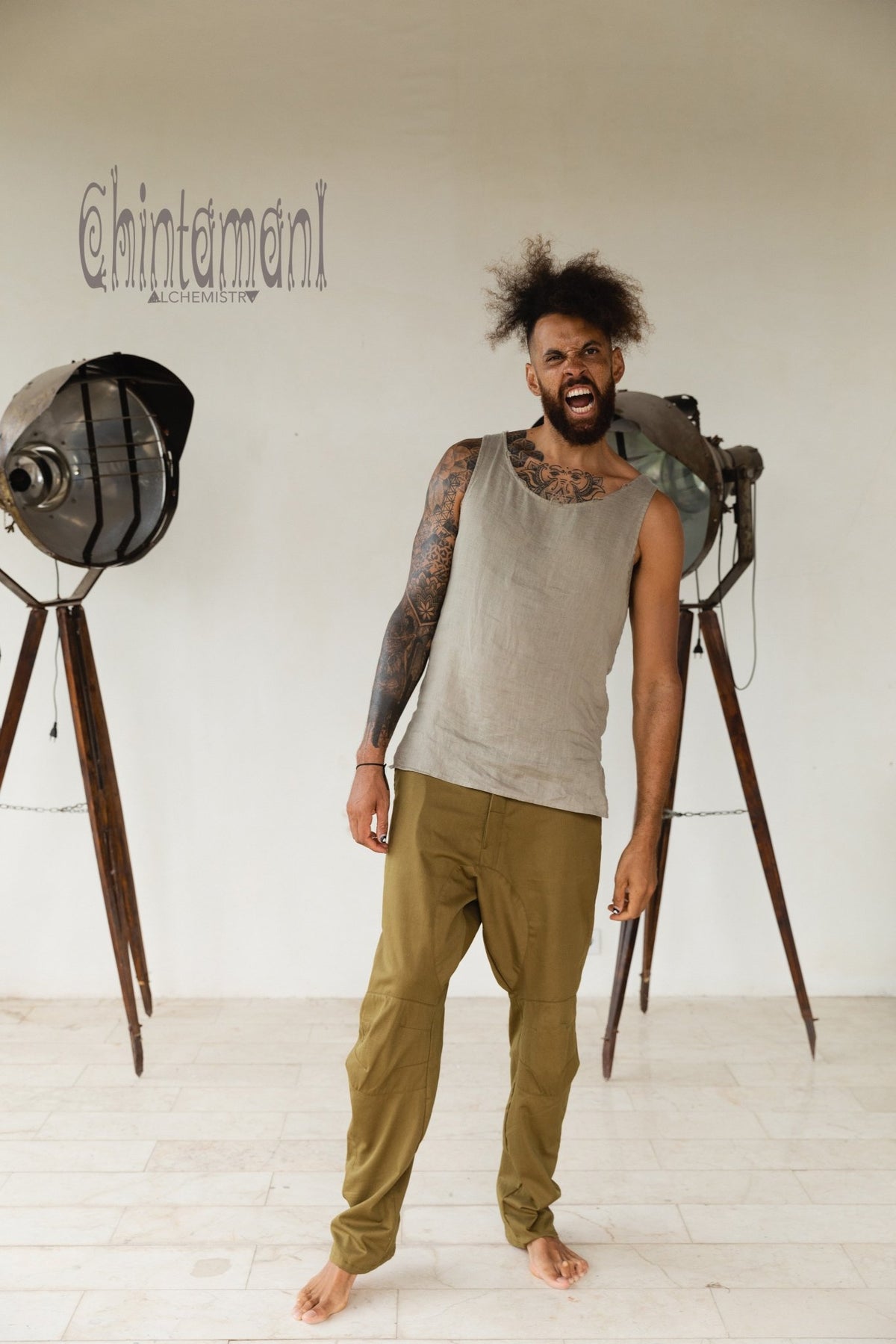 Mens Cotton Twill Long Pants / Army Green - ChintamaniAlchemi