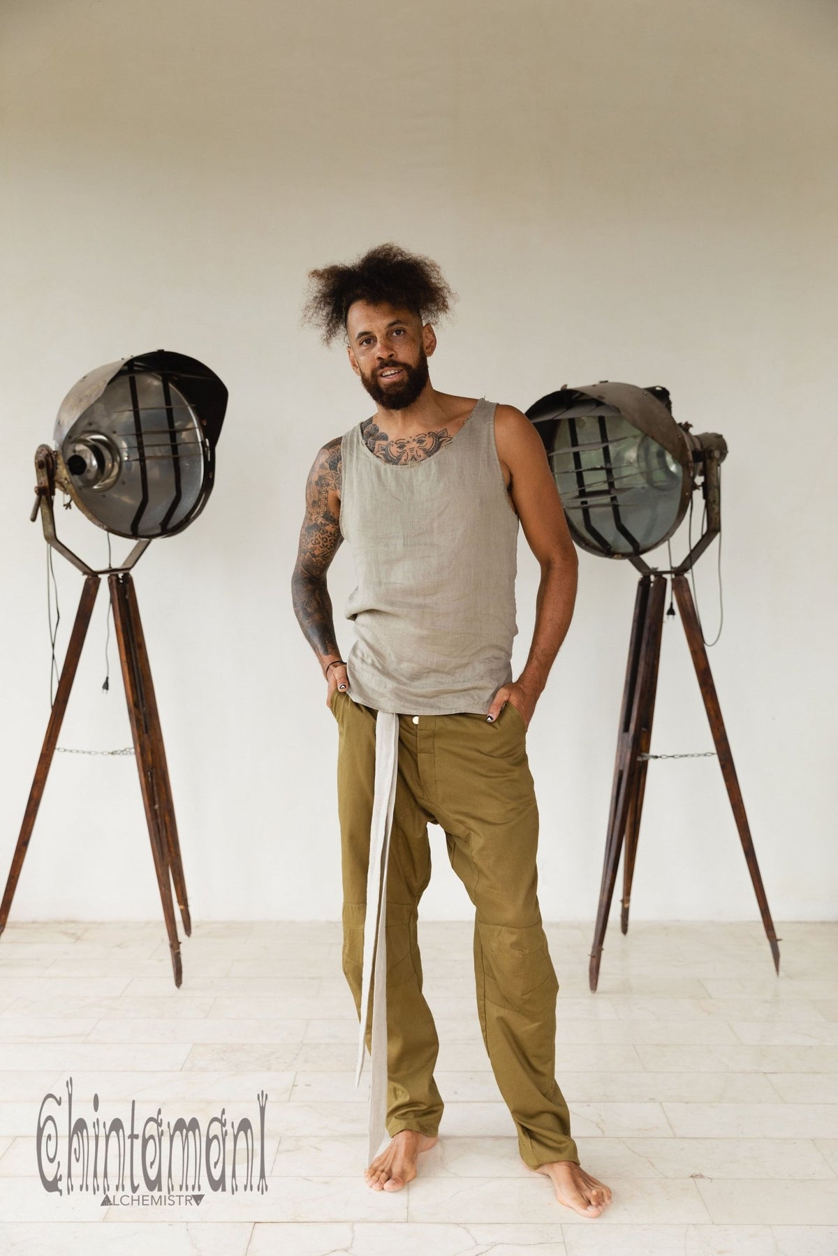 Mens Cotton Twill Long Pants / Army Green - ChintamaniAlchemi