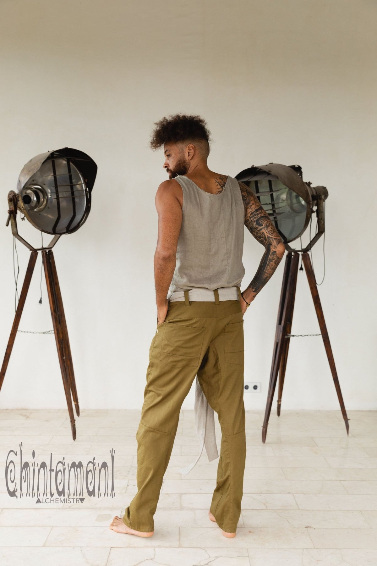 Mens Cotton Twill Long Pants / Army Green - ChintamaniAlchemi