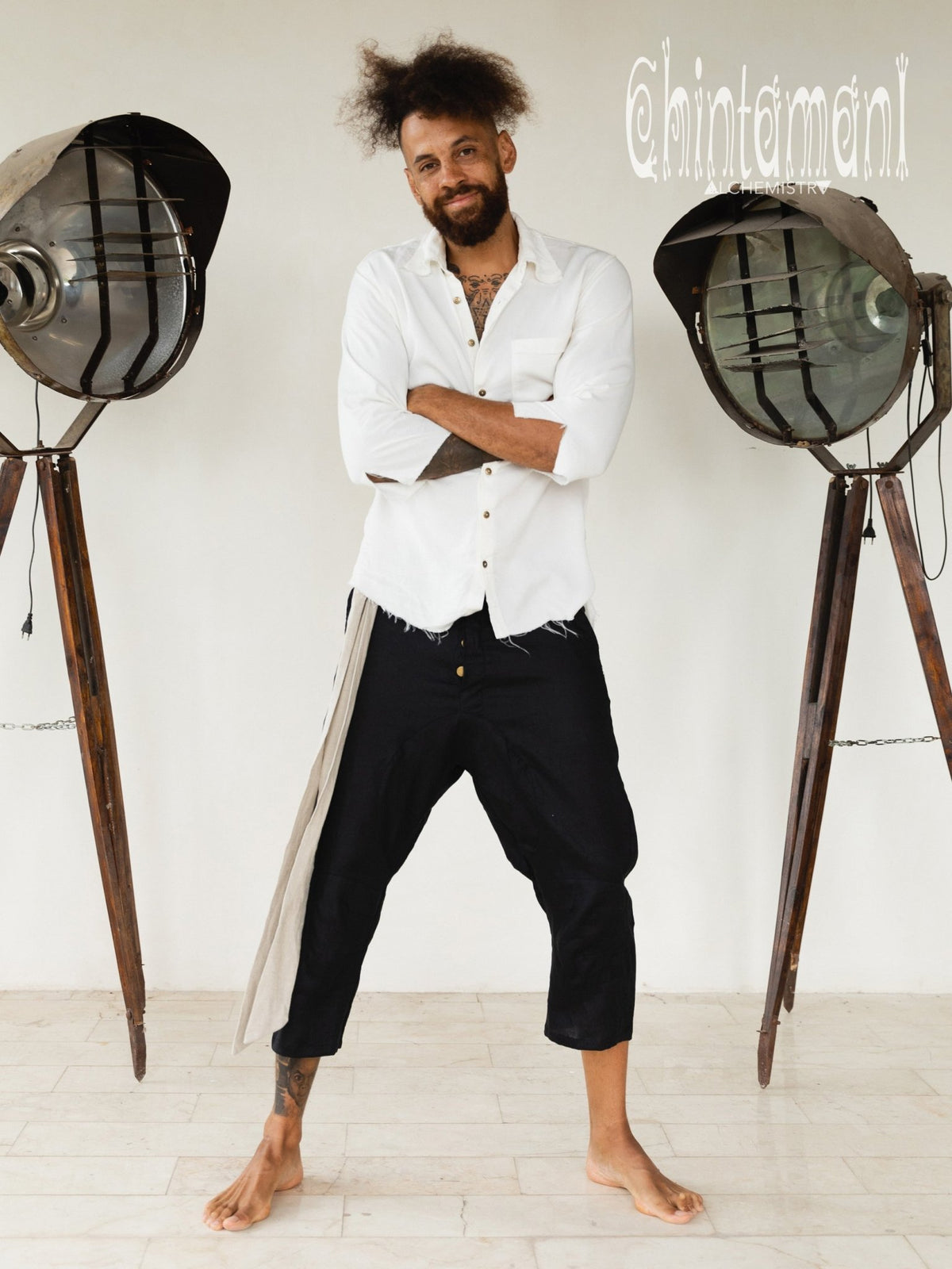 Mens Linen Short Pants 3/4 / Black - ChintamaniAlchemi