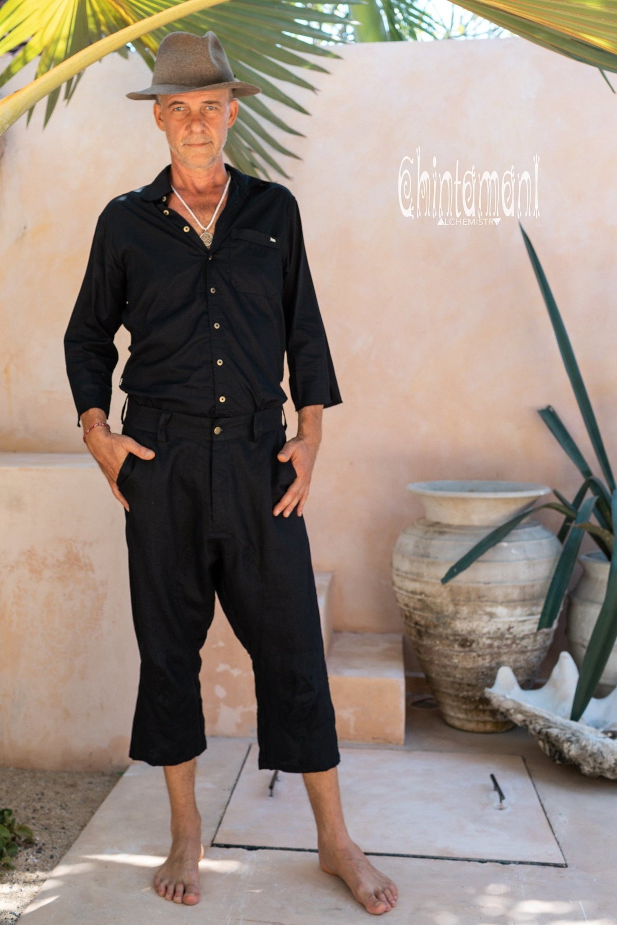 Mens Linen Short Pants 3/4 / Black - ChintamaniAlchemi