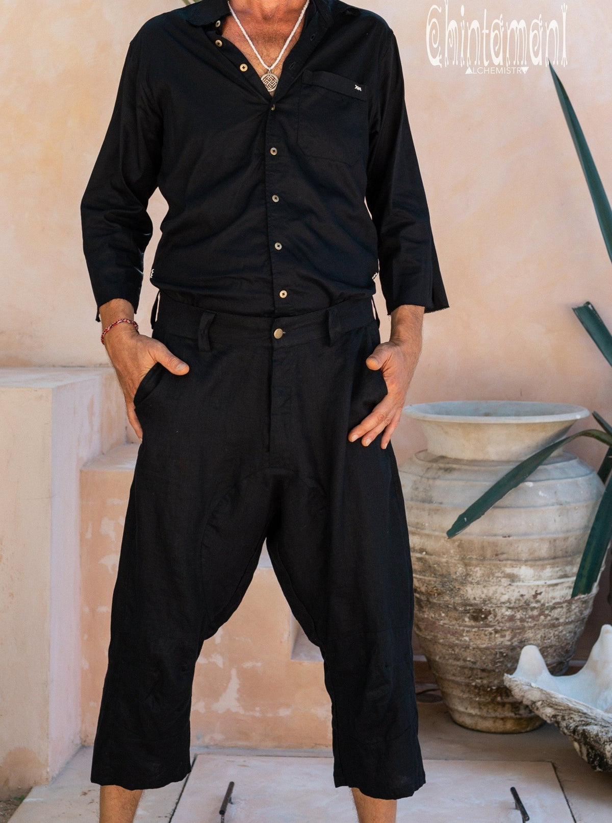 Mens Linen Short Pants 3/4 / Black - ChintamaniAlchemi