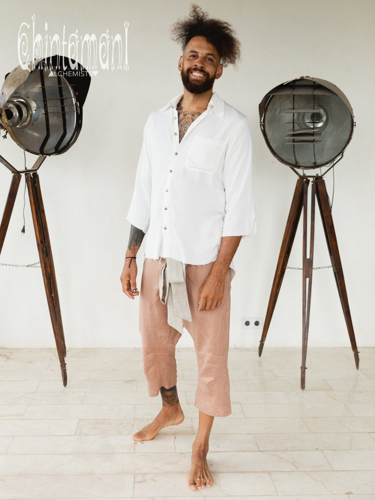 Mens Linen Short Pants 3/4 / Dusty Pink - ChintamaniAlchemi