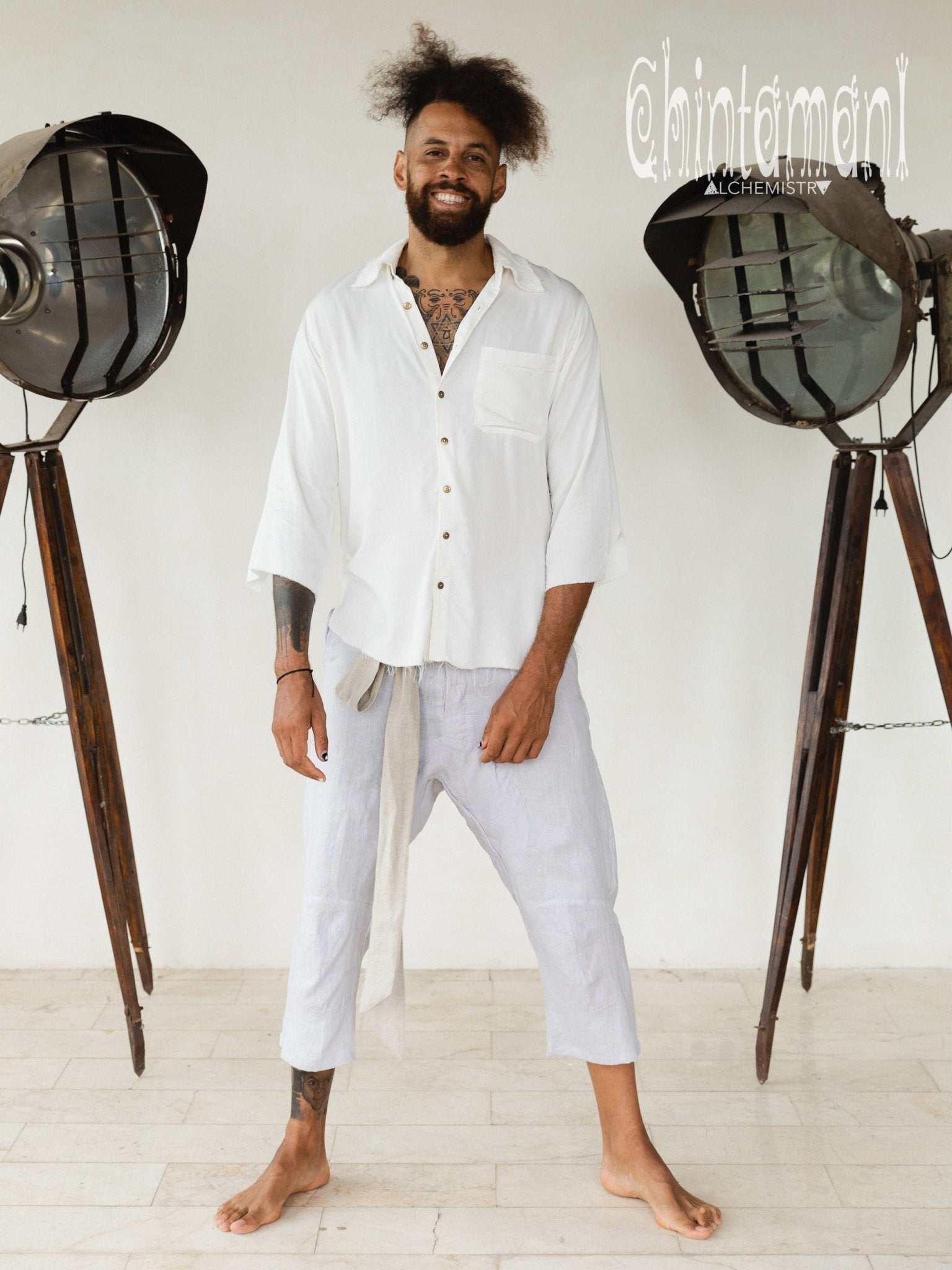 Mens Linen Short Pants 3/4 / Light Gray - ChintamaniAlchemi