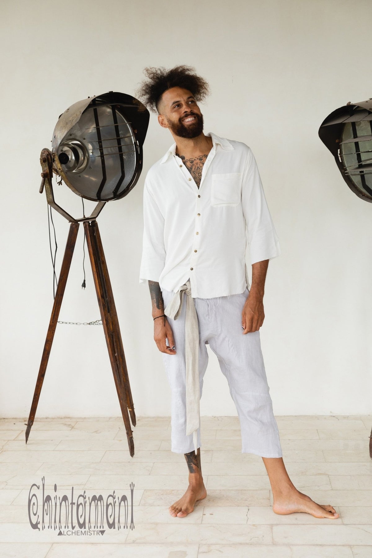 Mens Linen Short Pants 3/4 / Light Gray - ChintamaniAlchemi