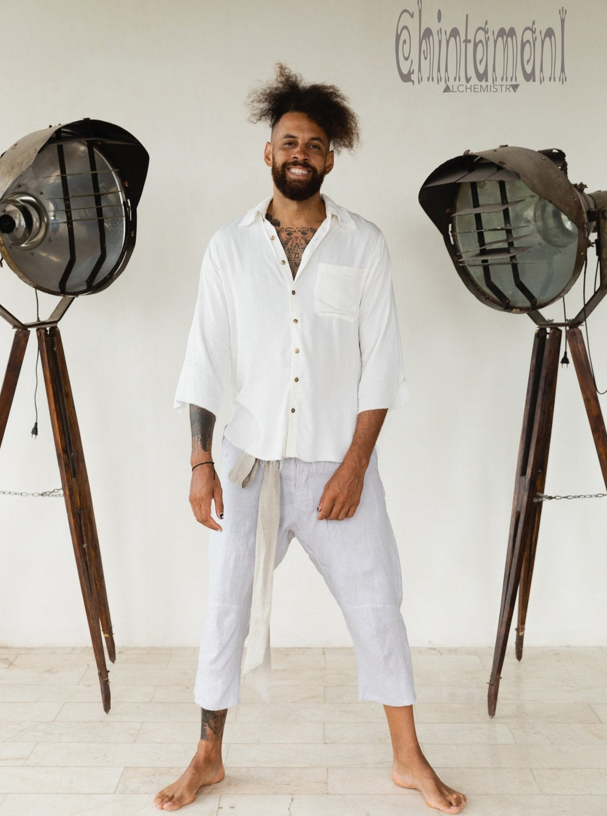 Mens Linen Short Pants 3/4 / Light Gray - ChintamaniAlchemi