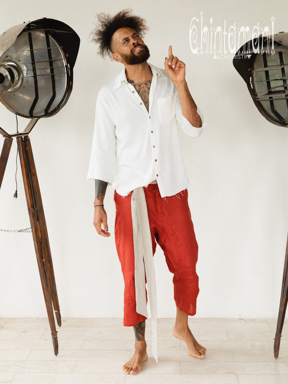 Mens Linen Short Pants 3/4 / Red Ochre - ChintamaniAlchemi