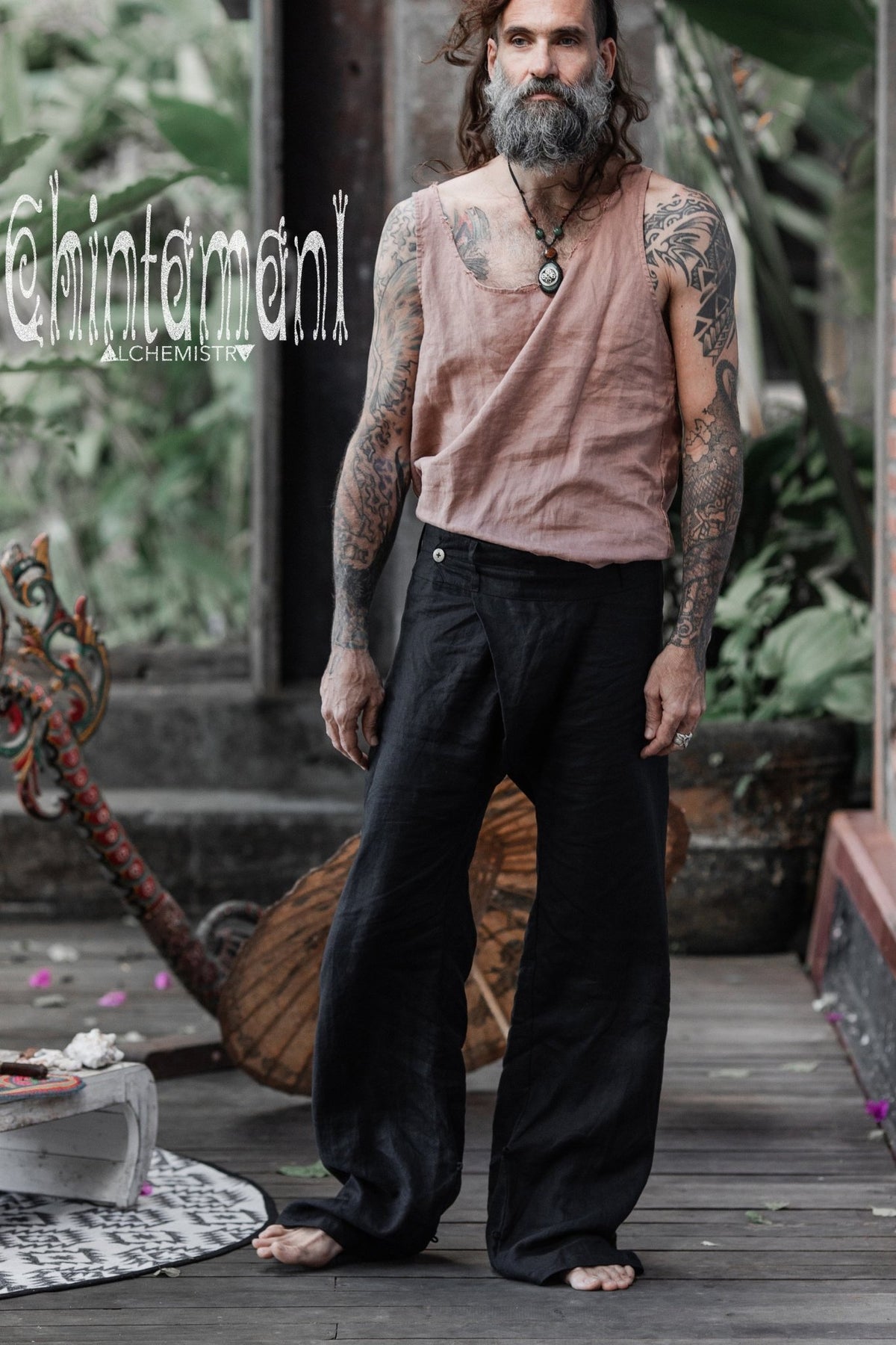 Mens Linen Wrap Pants / Loose Fitting Lounge Boho Trousers / Black - ChintamaniAlchemi