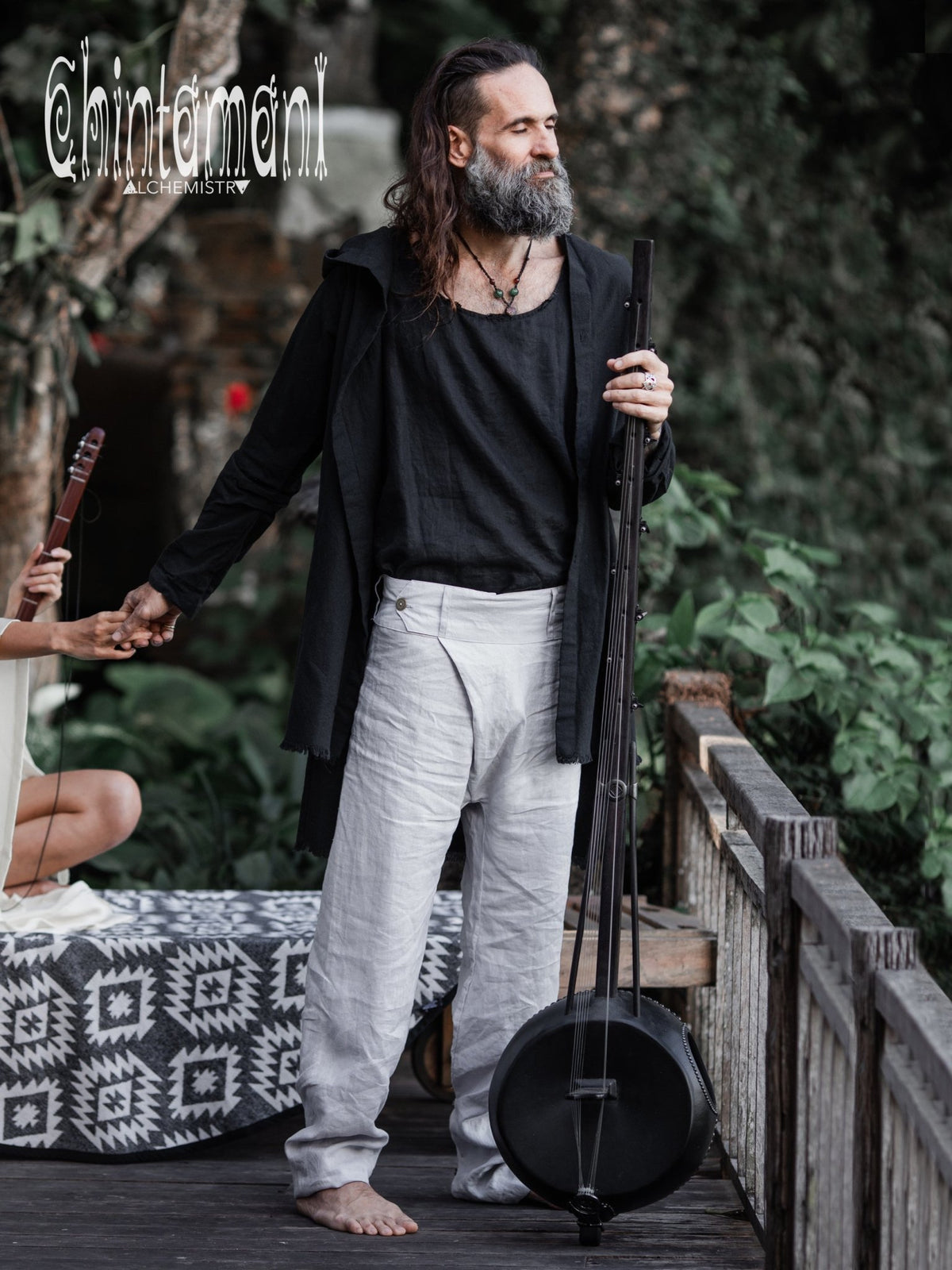 Mens Linen Wrap Pants / Loose Fitting Lounge Boho Trousers / Grey - ChintamaniAlchemi