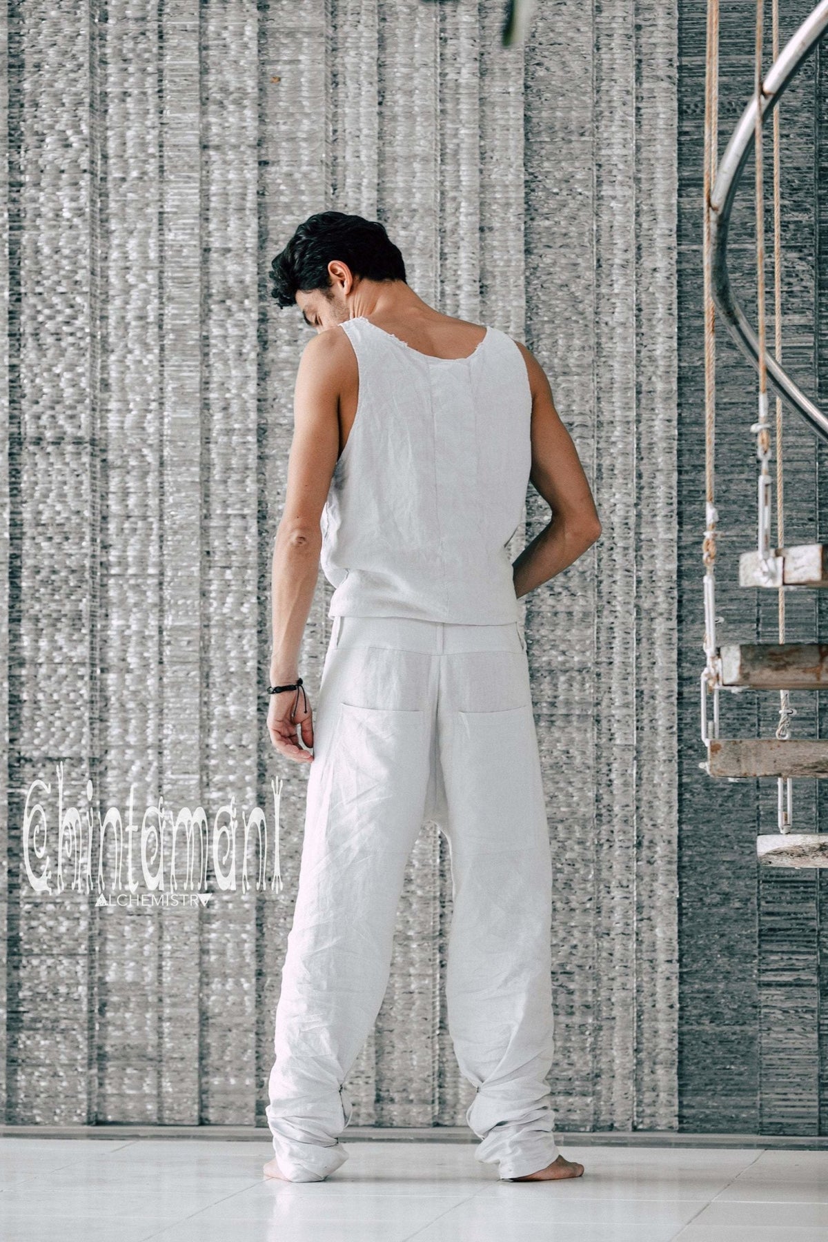 Mens Linen Wrap Pants / Loose Fitting Lounge Boho Trousers / Grey - ChintamaniAlchemi