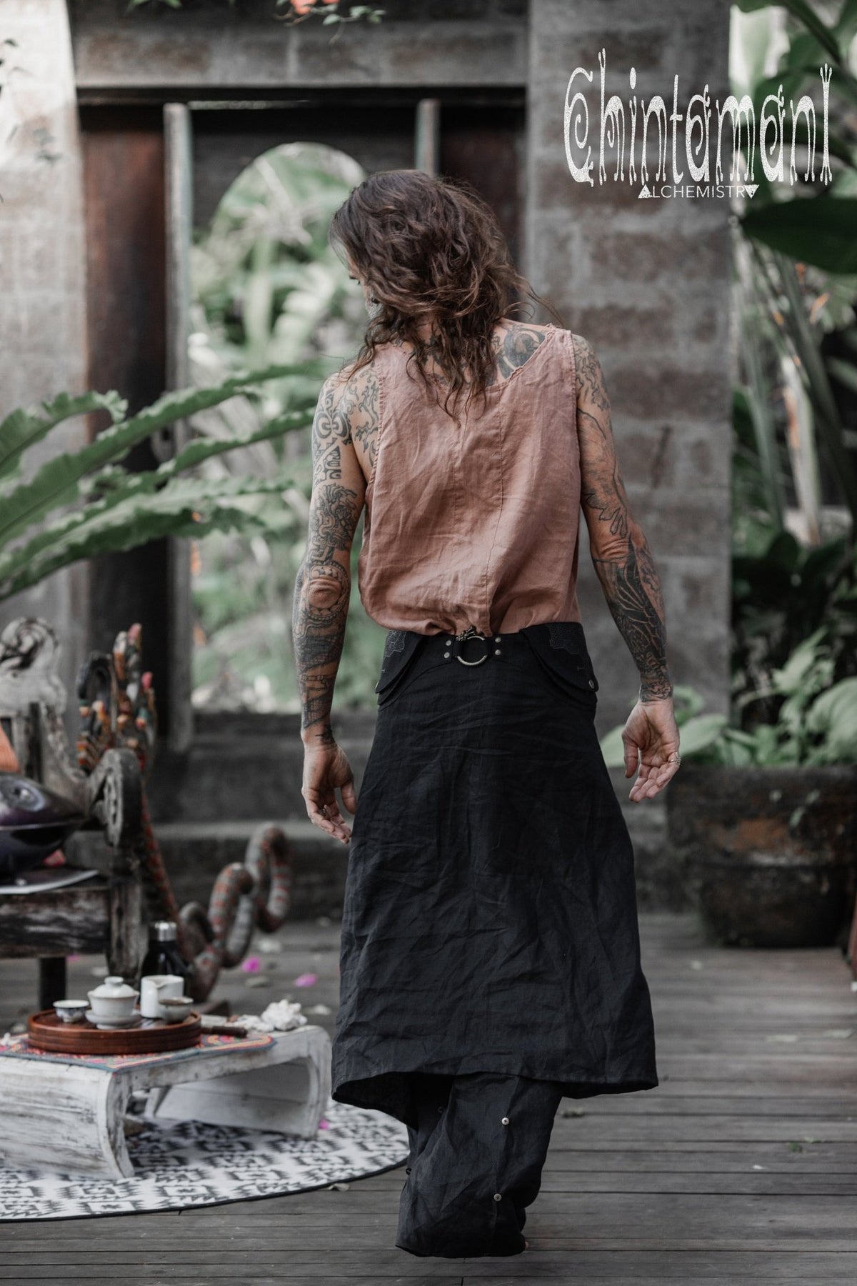 Mens Linen Wrap Pants with Skirt Overlay and Pocket Belt / Black - ChintamaniAlchemi