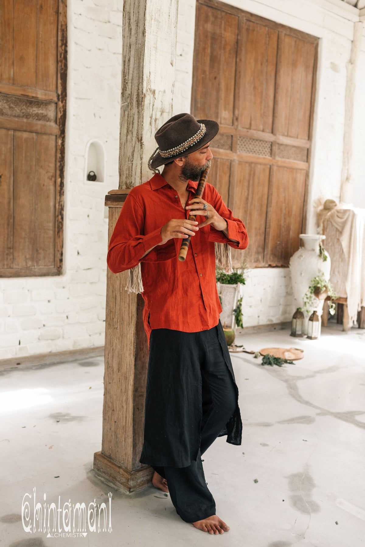 Mens Linen Wrap Pants with Skirt Overlay and Pocket Belt / Black - ChintamaniAlchemi