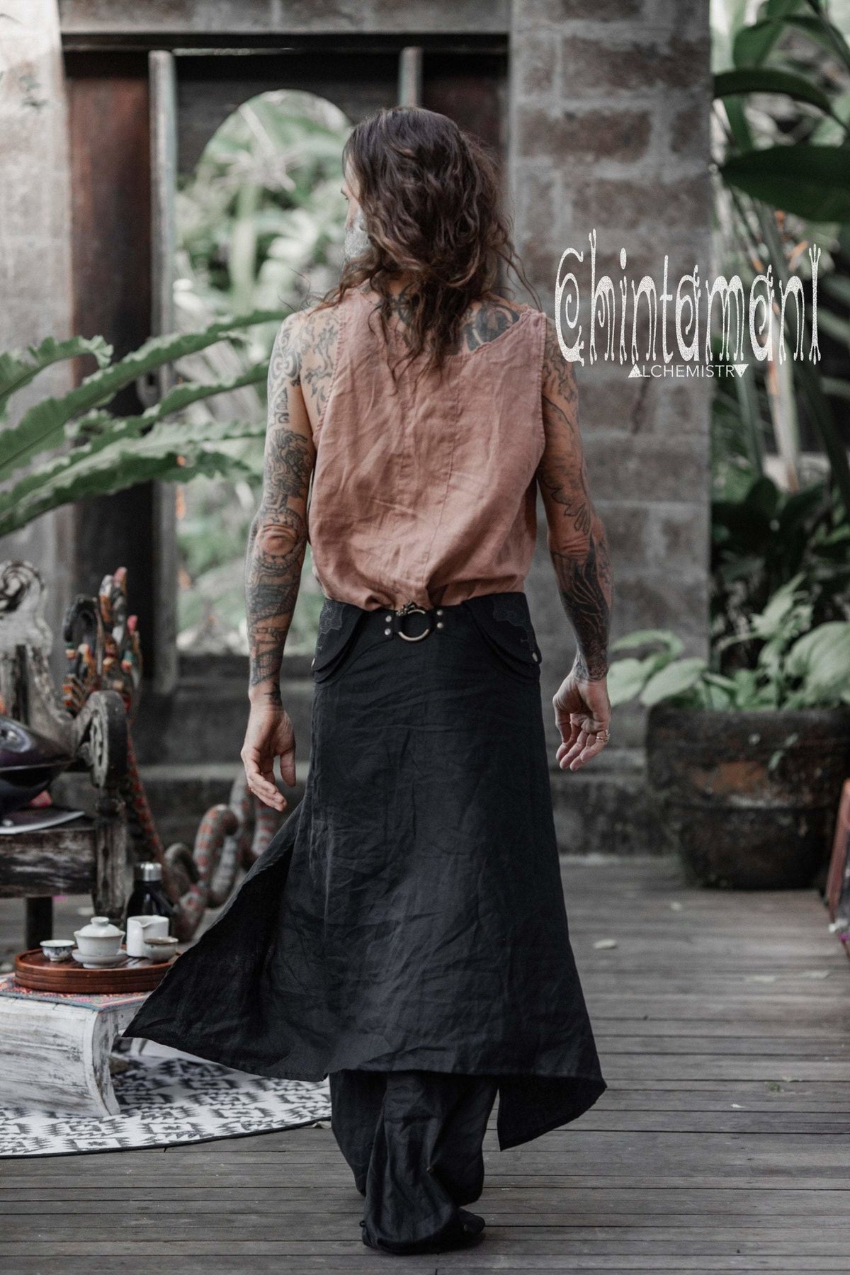 Mens Linen Wrap Pants with Skirt Overlay and Pocket Belt / Black - ChintamaniAlchemi