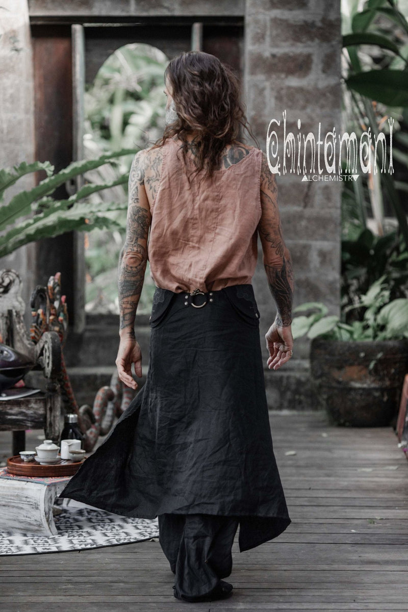 Mens Linen Wrap Pants with Skirt Overlay and Pocket Belt / Black - ChintamaniAlchemi