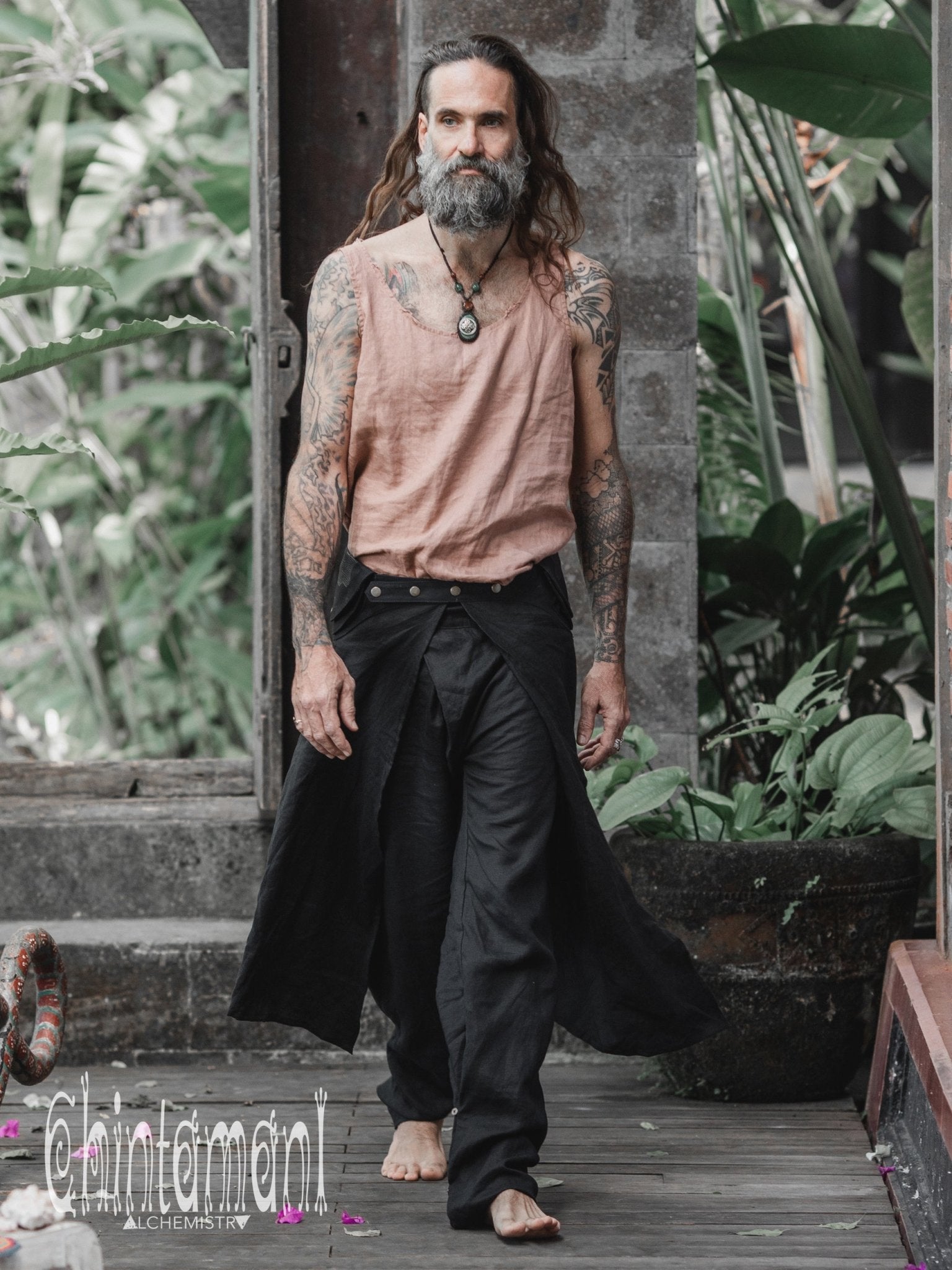 Mens Linen Wrap Pants with Skirt Overlay and Pocket Belt / Black - ChintamaniAlchemi