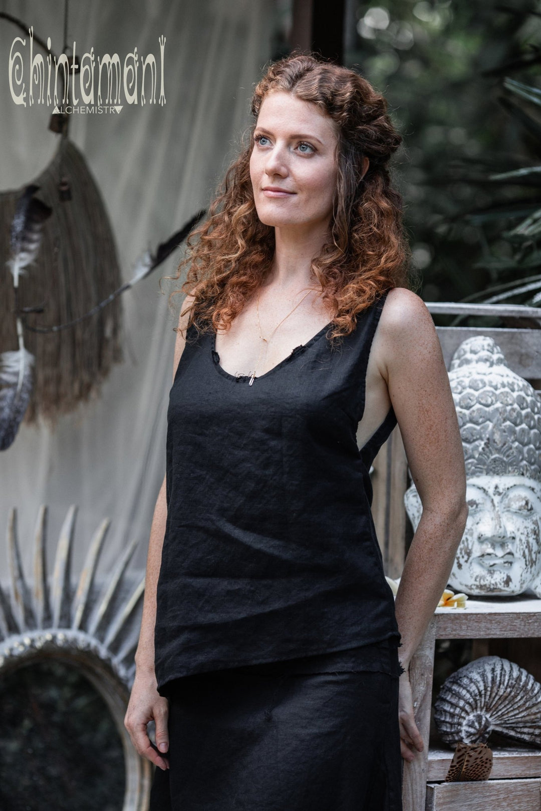 Minimalist Linen Tank Top / Organic Tunic Blouse / Black - ChintamaniAlchemi