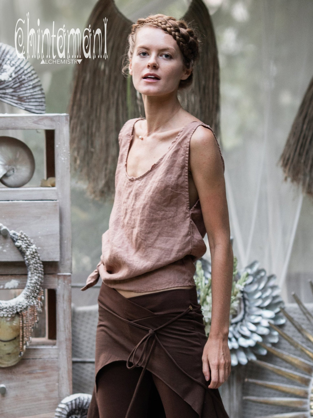 Minimalist Linen Tank Top / Organic Tunic Blouse / Dusty Pink - ChintamaniAlchemi