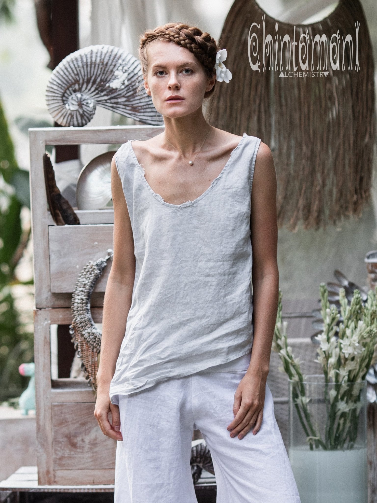 Minimalist Linen Tank Top / Organic Tunic Blouse / Light Grey - ChintamaniAlchemi