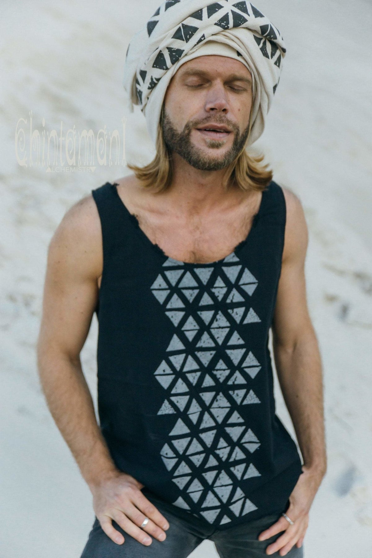 Nomad Cotton Tank Top for Men with Geometric Screen Print / Black - ChintamaniAlchemi