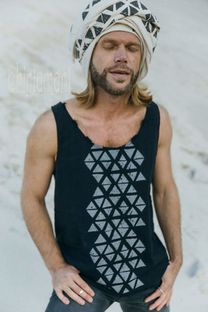 Nomad Cotton Tank Top for Men with Geometric Screen Print / Black - ChintamaniAlchemi