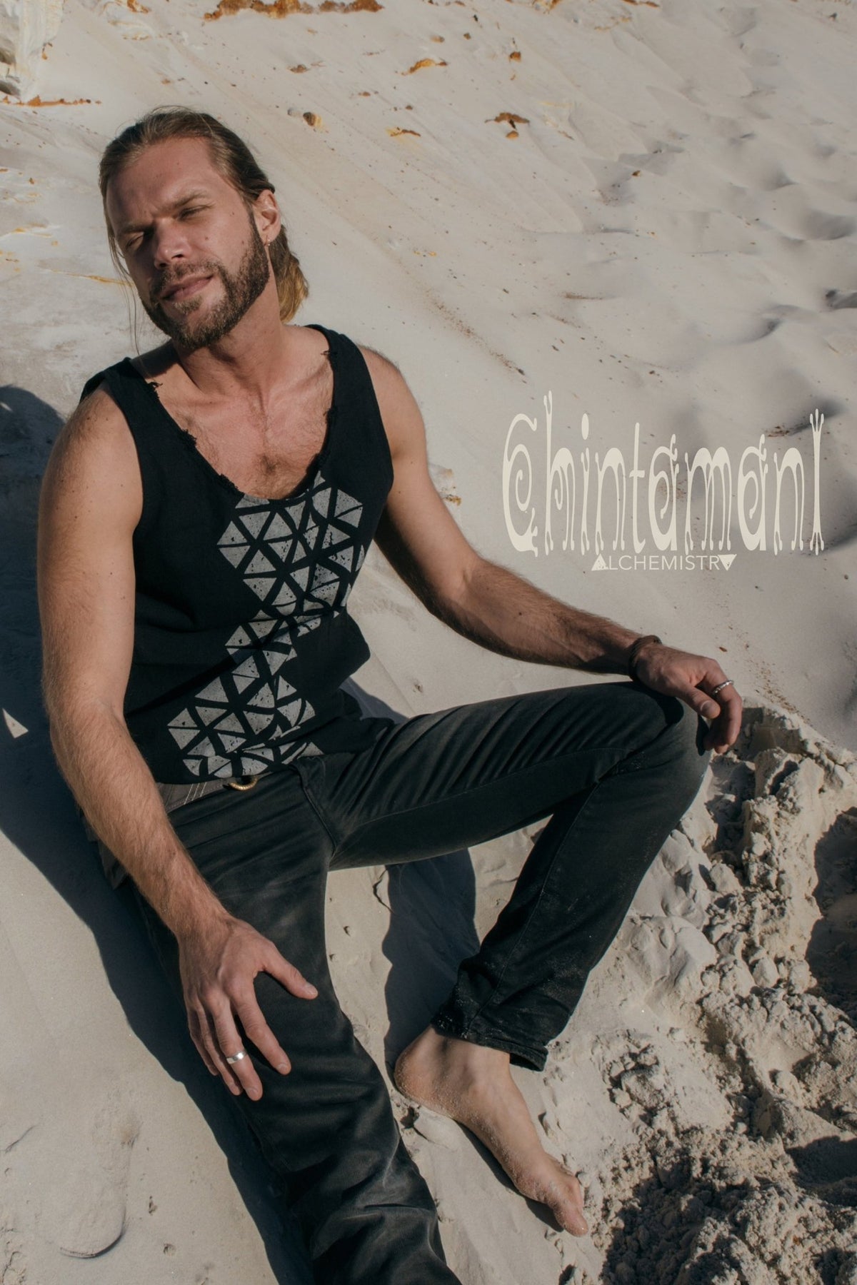 Nomad Cotton Tank Top for Men with Geometric Screen Print / Black - ChintamaniAlchemi